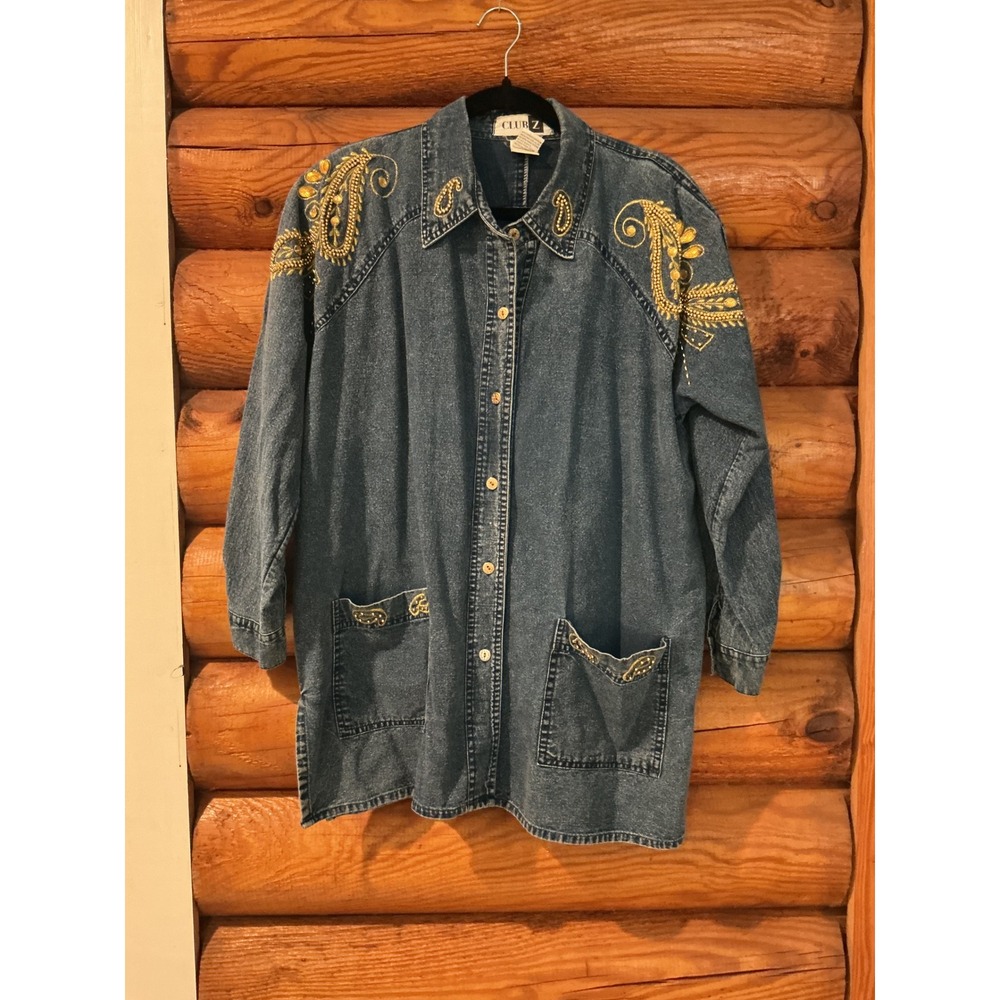 Club Z Vintage Denim Shacket Gold Paisley Beaded Blue Jean Jacket 18-20